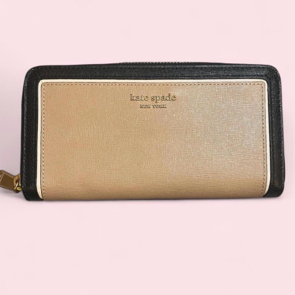 Kate Spade Morgan Beige Black Zip-around Continental Wallet K8955 $198 Retail - Picture 1 of 7